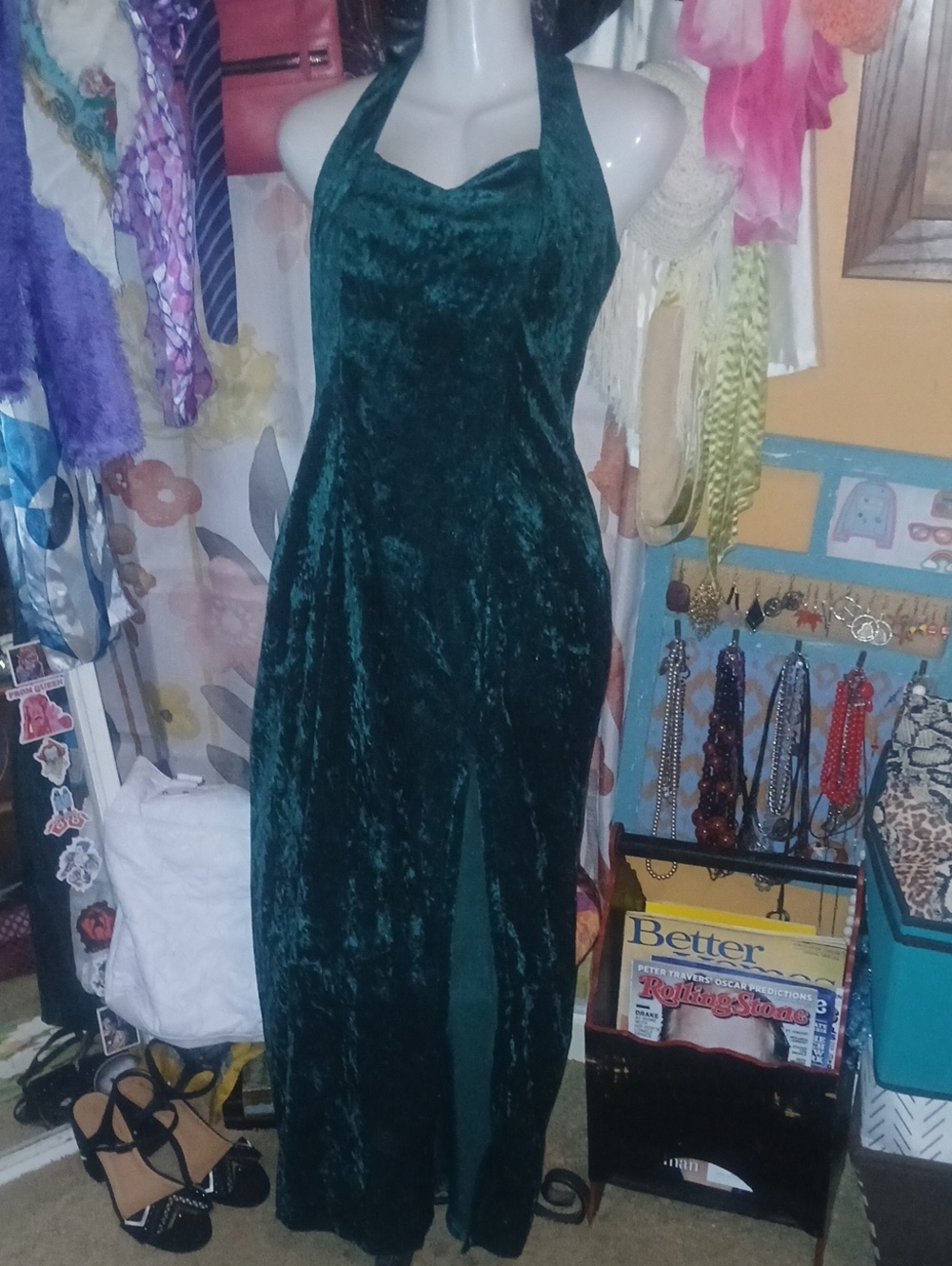 90s Vintage Velvet All that Jazz Deep Emerald Green Halter Formal Gown